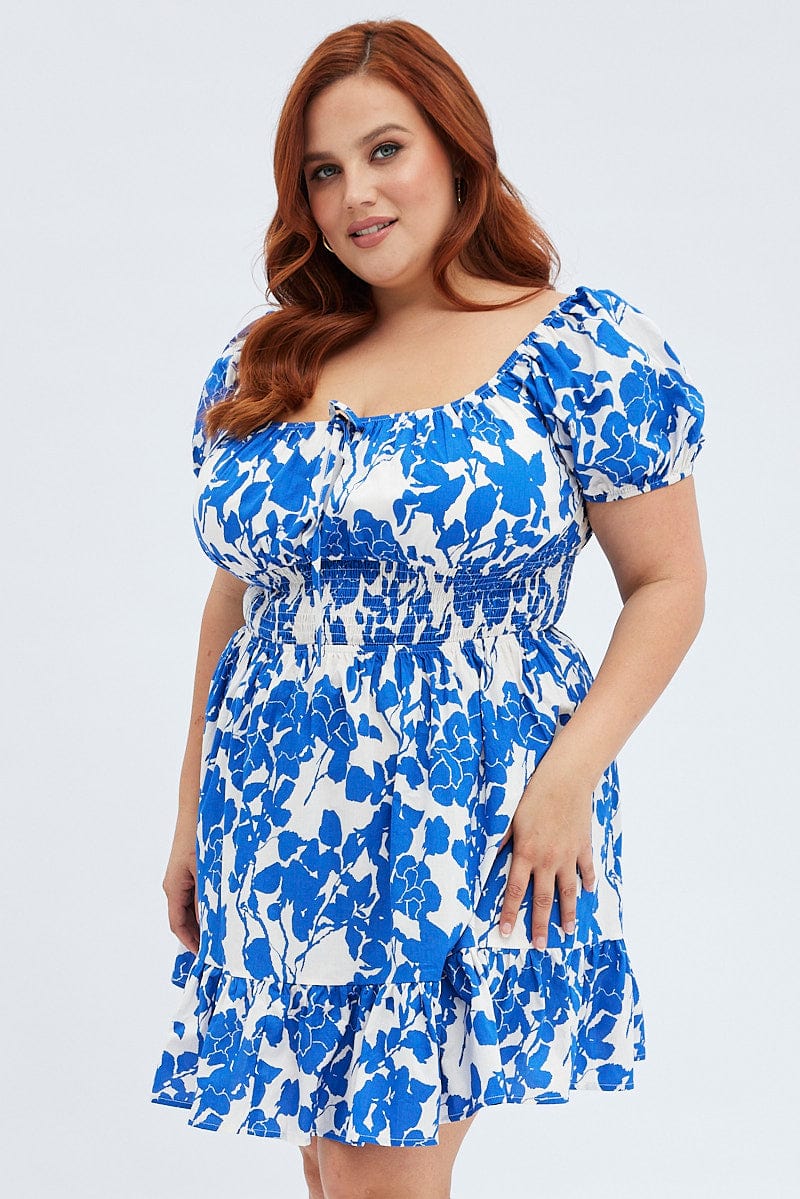 Blue Floral Fit and Flare Dress Short Sleeve for YouandAll Fashion