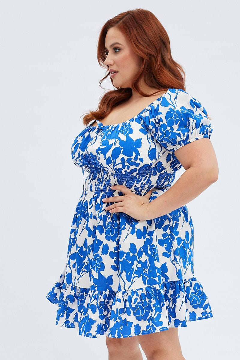 Blue Floral Fit And Flare Dress Short Sleeve