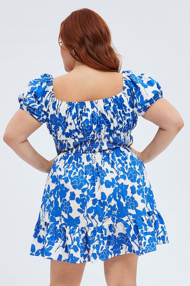 Blue Floral Fit and Flare Dress Short Sleeve for YouandAll Fashion
