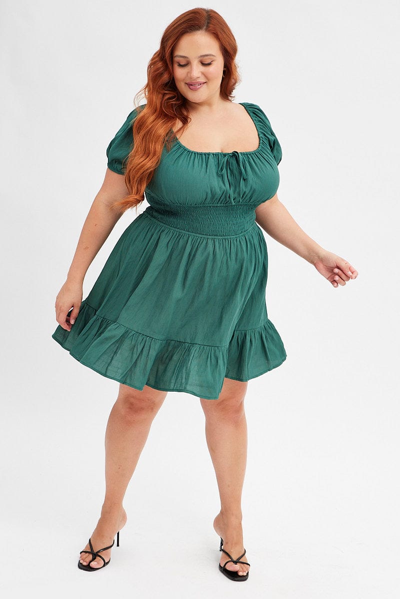 Green Fit and Flare Dress Short Sleeve Gathered Bust for YouandAll Fashion