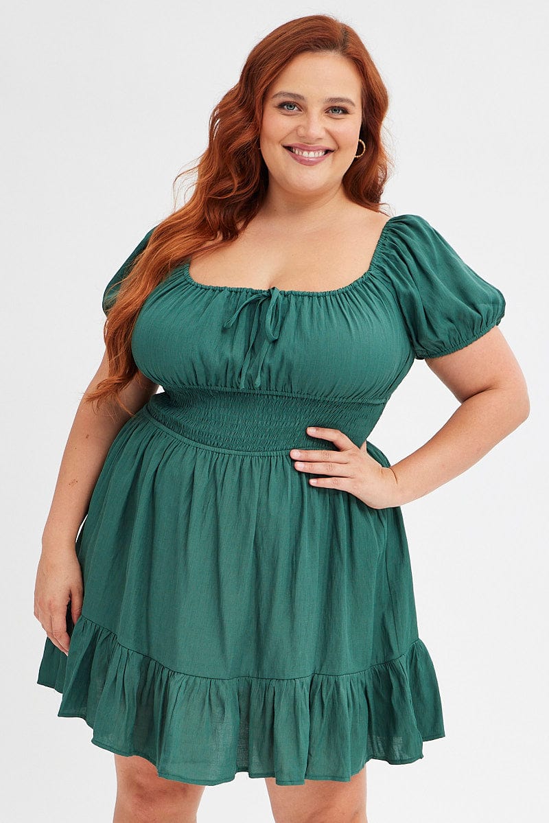 Green Fit and Flare Dress Short Sleeve Gathered Bust for YouandAll Fashion