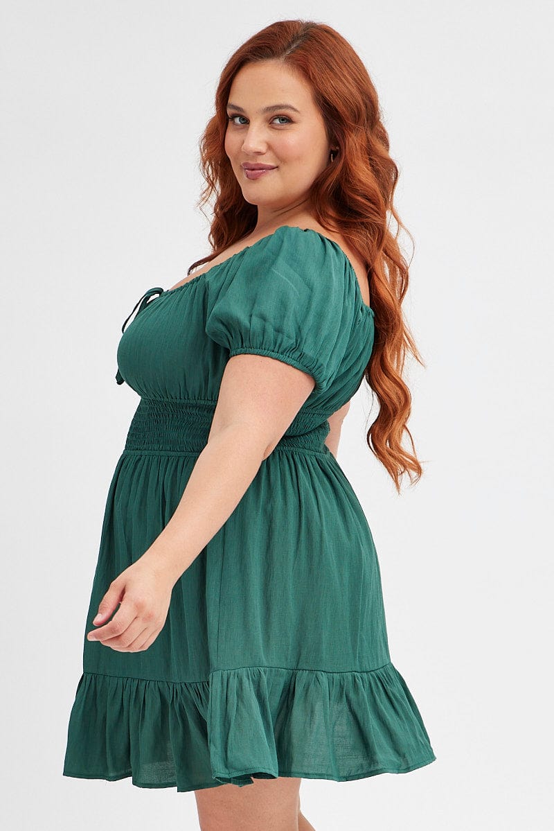 Green Fit and Flare Dress Short Sleeve Gathered Bust for YouandAll Fashion