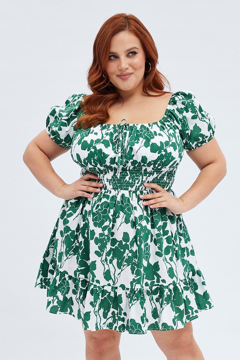 Green Floral Fit and Flare Dress Short Sleeve for YouandAll Fashion