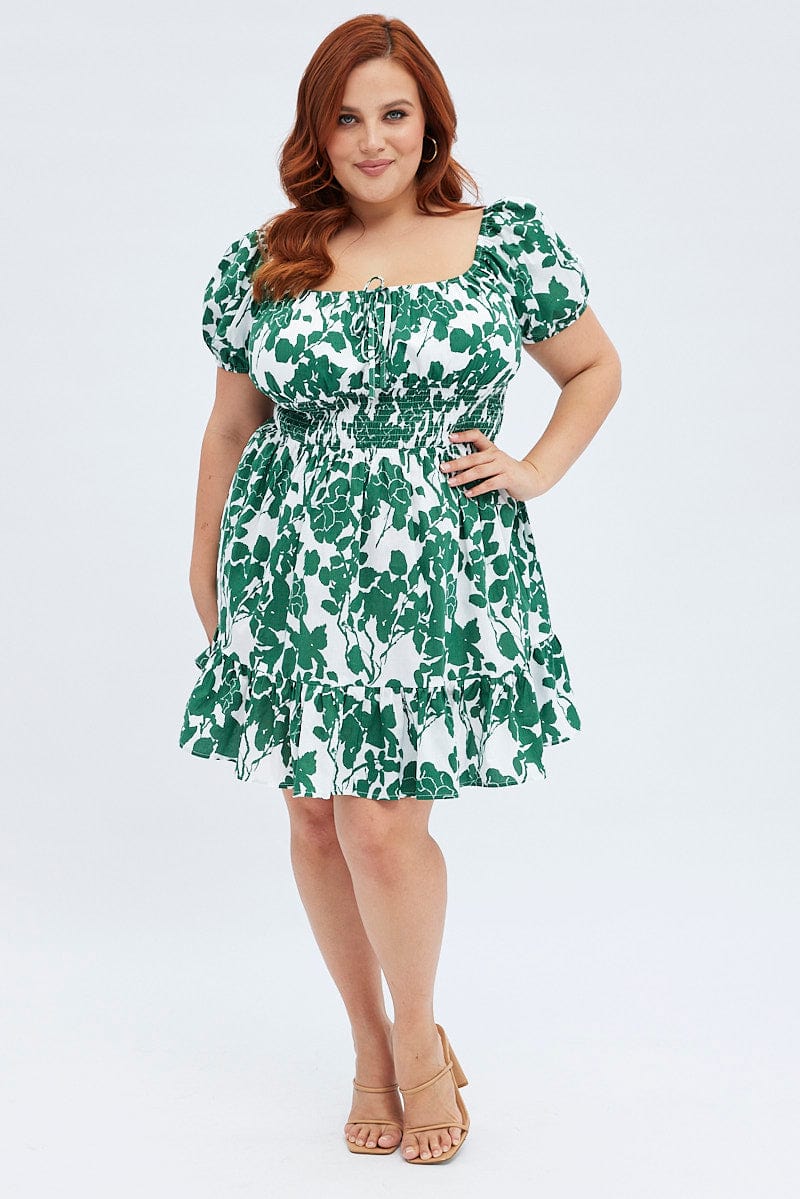 Green Floral Fit and Flare Dress Short Sleeve for YouandAll Fashion