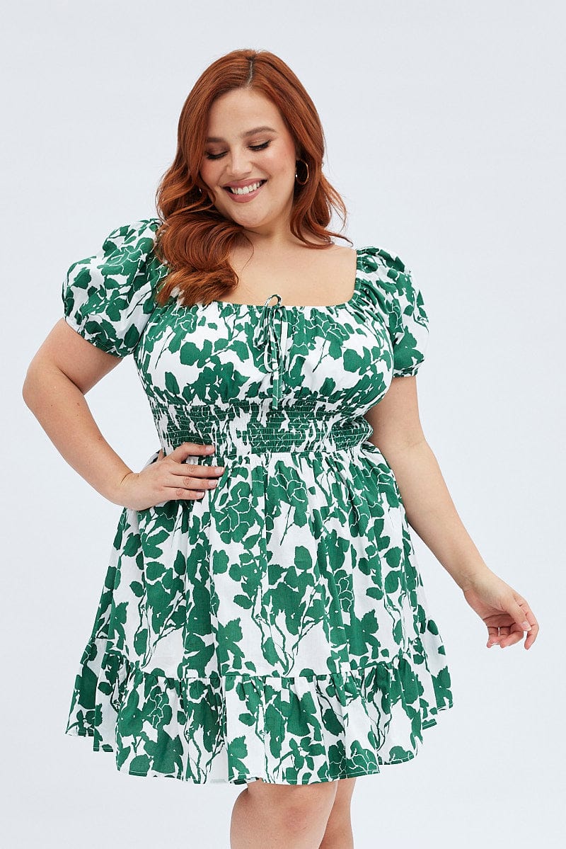 Green Floral Fit and Flare Dress Short Sleeve for YouandAll Fashion