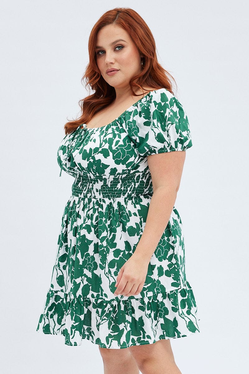 Green Floral Fit And Flare Dress Short Sleeve