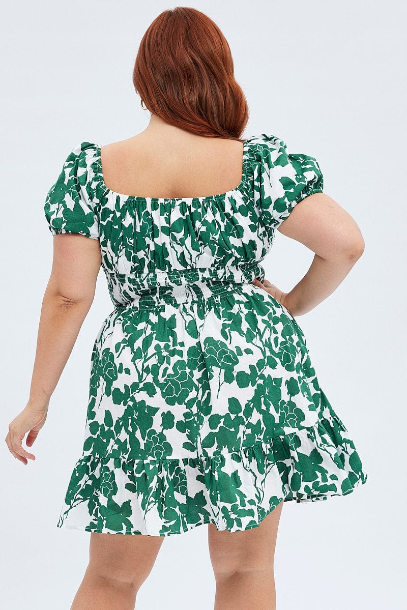 Green Floral Fit and Flare Dress Short Sleeve for YouandAll Fashion