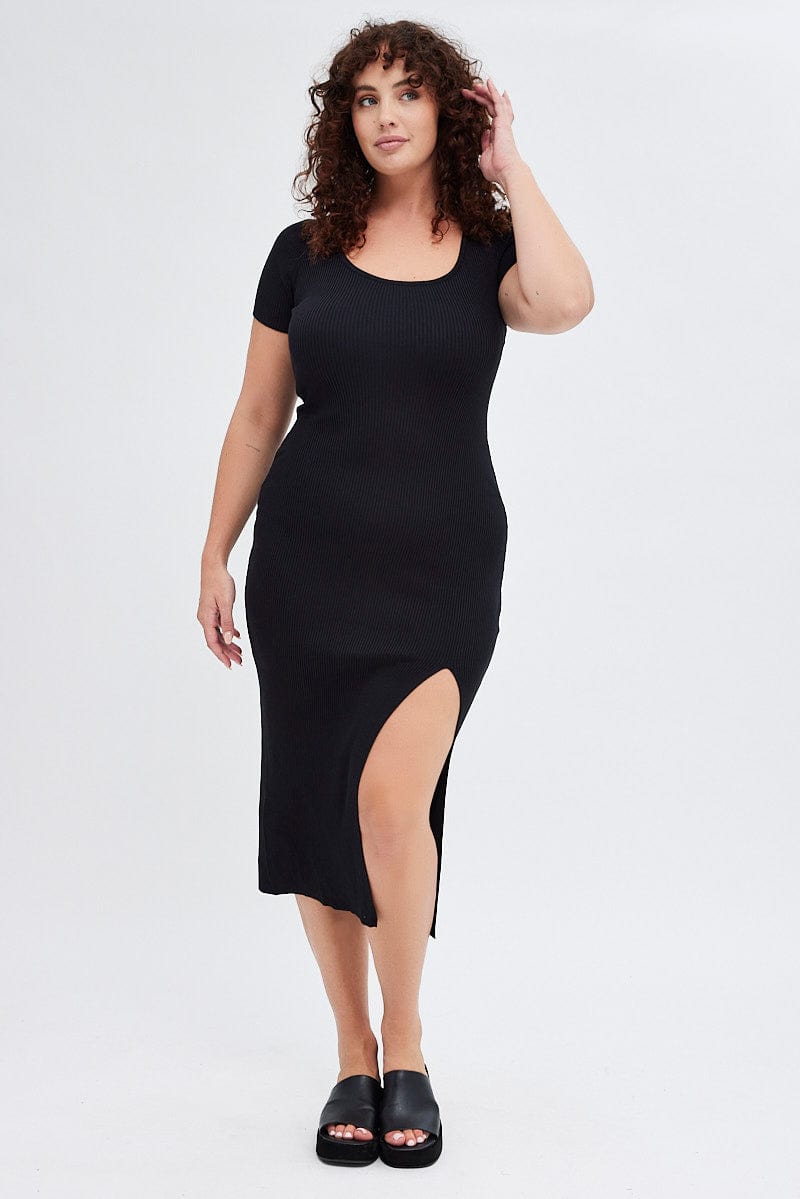 Black Knit Dress Short Sleeve Midi for YouandAll Fashion