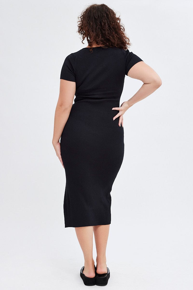 Black Knit Dress Short Sleeve Midi for YouandAll Fashion