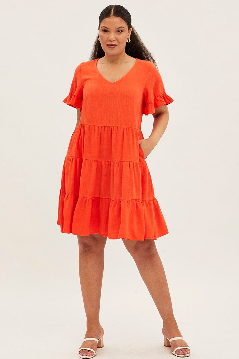 Orange Short Sleeve Linen Blend V Neck Smock Dress for YouandAll Fashion