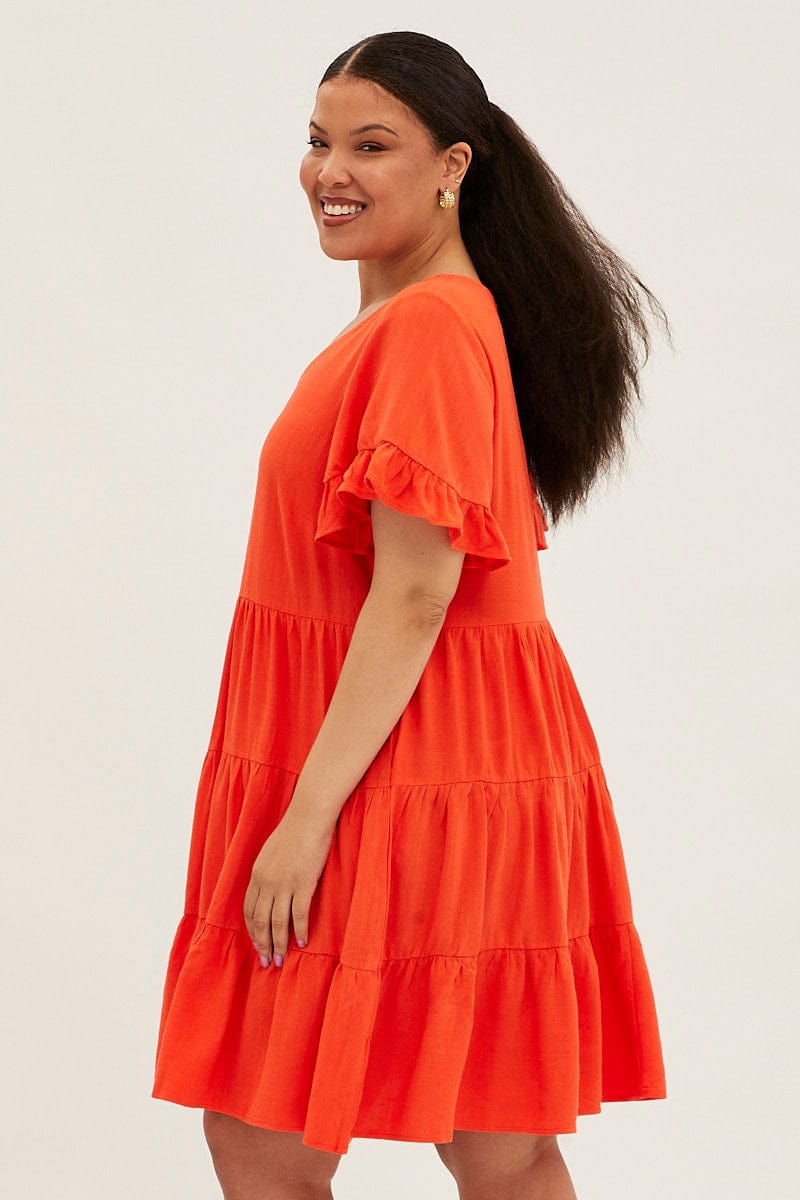 Orange Short Sleeve Linen Blend V Neck Smock Dress for YouandAll Fashion