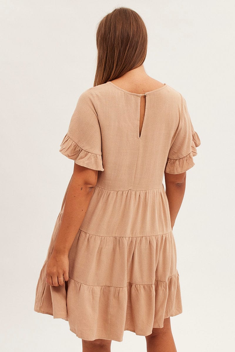 Beige Relaxed Dress Short Sleeve V Neck Linen Blend for YouandAll Fashion