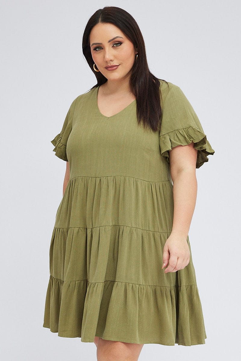 Green Relaxed Dress Short Sleeve V Neck Linen Blend for YouandAll Fashion