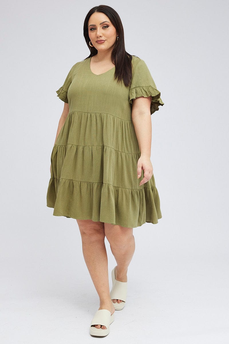 Green Relaxed Dress Short Sleeve V Neck Linen Blend for YouandAll Fashion