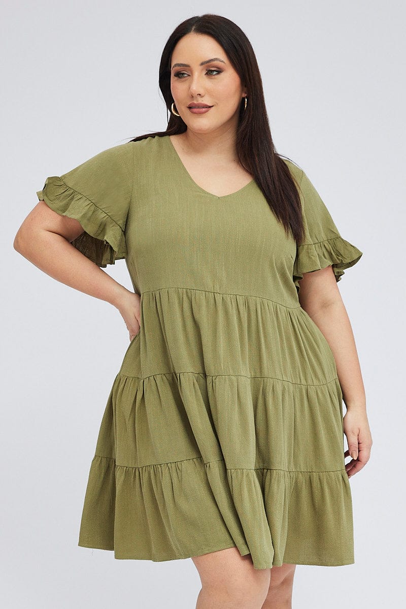 Green Relaxed Dress Short Sleeve V Neck Linen Blend for YouandAll Fashion