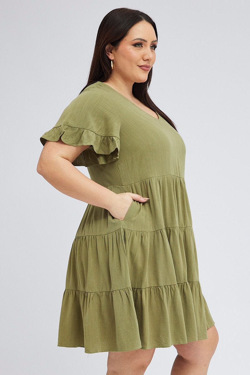 Green Relaxed Dress Short Sleeve V Neck Linen Blend for YouandAll Fashion