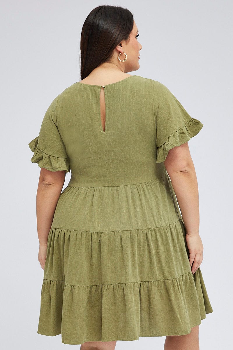 Green Relaxed Dress Short Sleeve V Neck Linen Blend for YouandAll Fashion