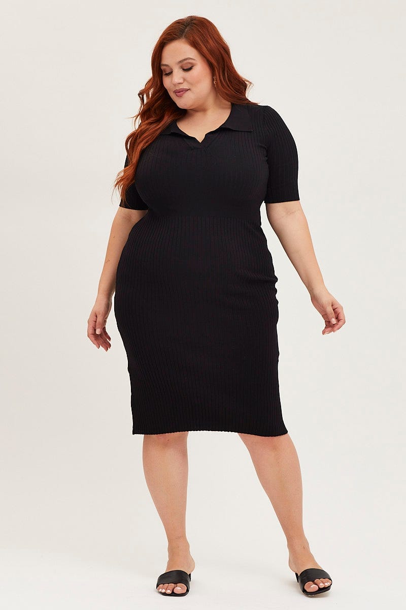 Black Bodycon Dress Colla Short Sleeve Knit For Women By You And All
