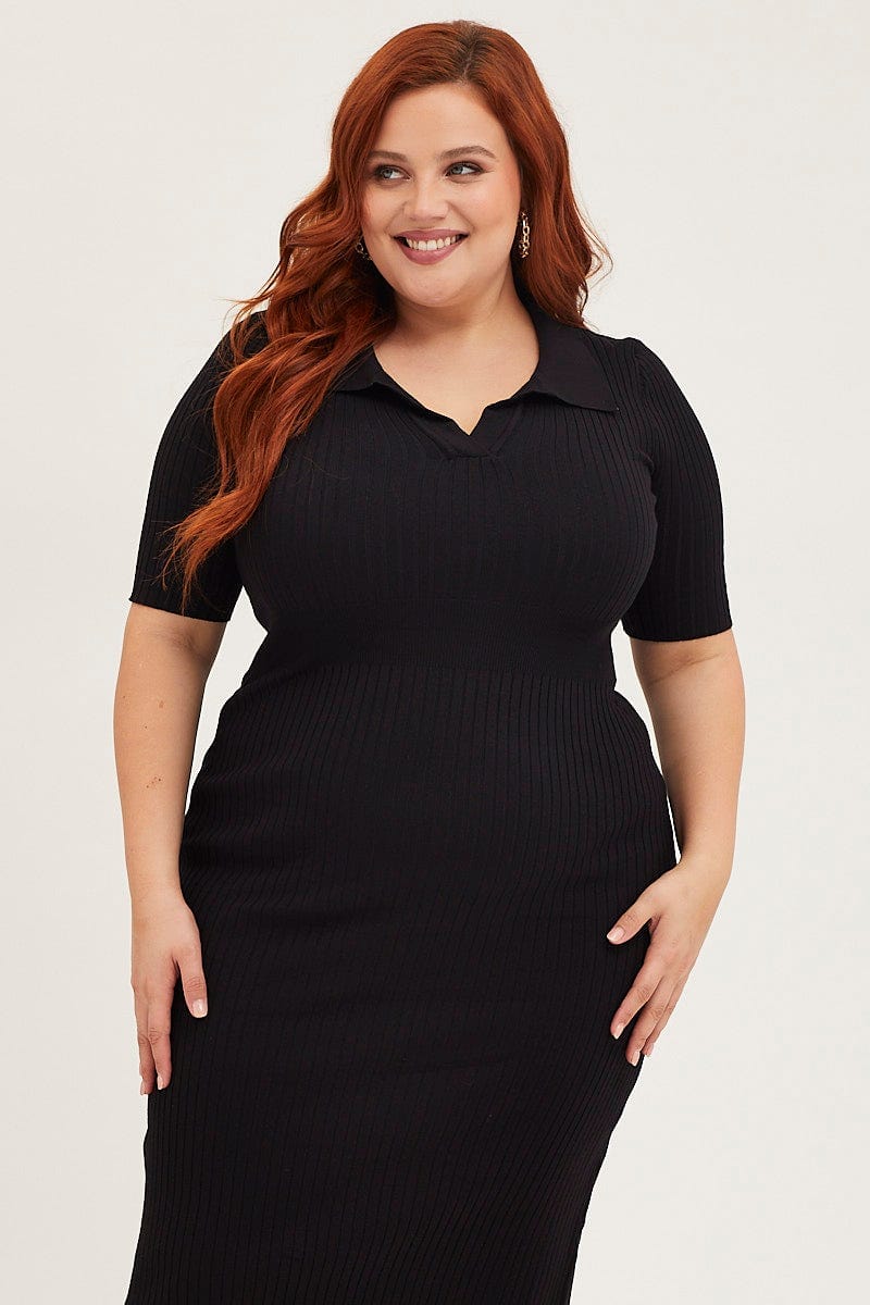Black Bodycon Dress Colla Short Sleeve Knit For Women By You And All
