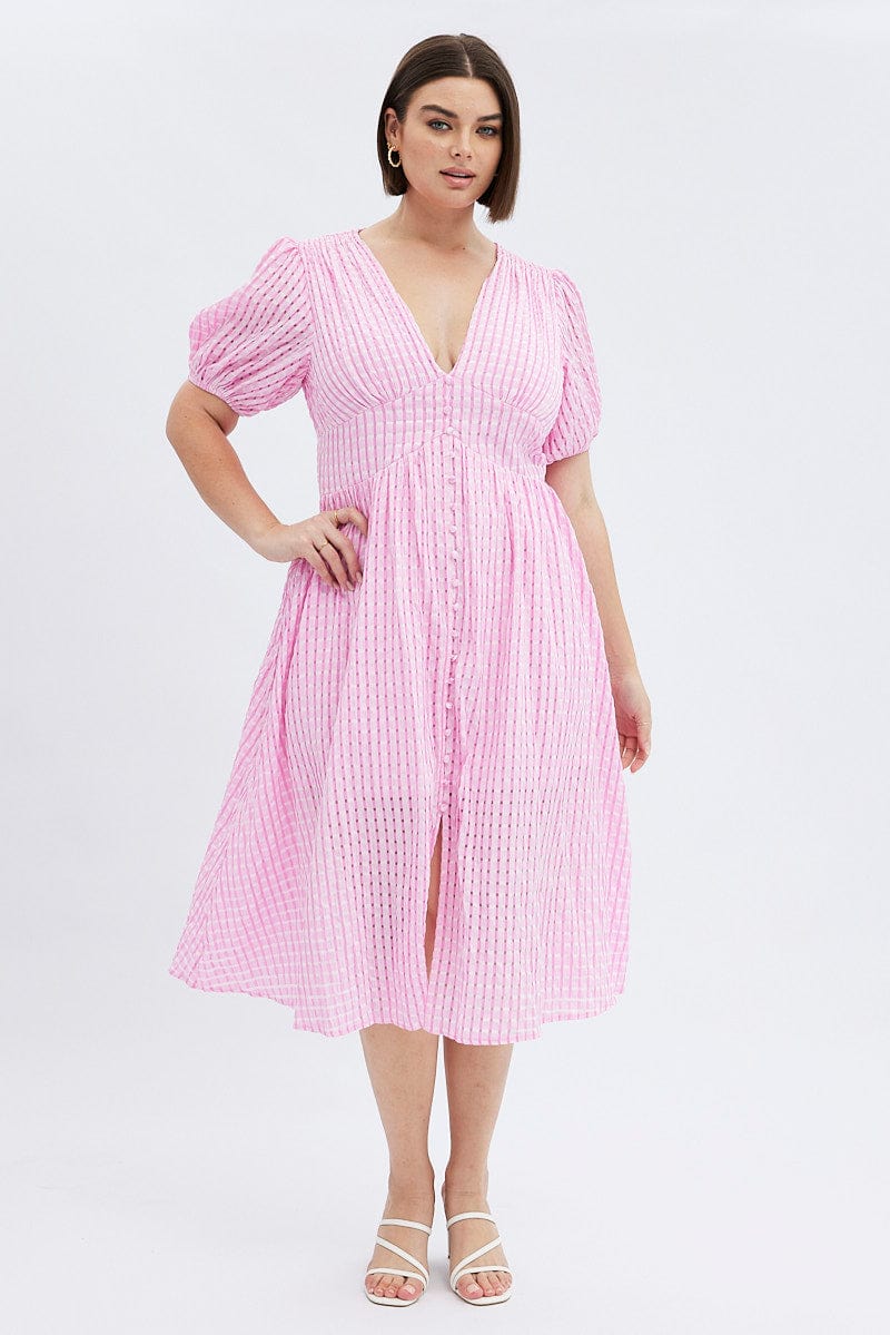 Pink Midi Dress Short Puff Sleeve Self Check for YouandAll Fashion