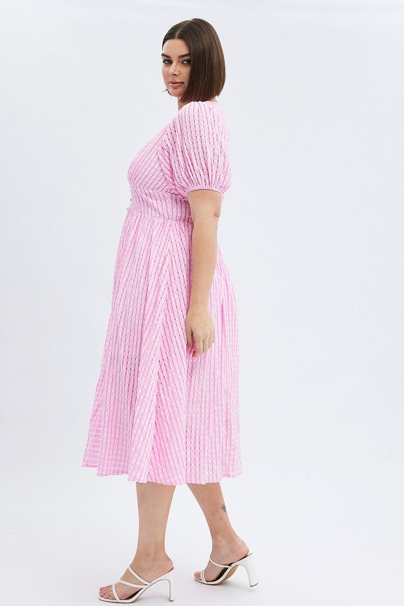 Pink Midi Dress Short Puff Sleeve Check | You & All Pink Midi Dress Short Puff Sleeve Check | You & All