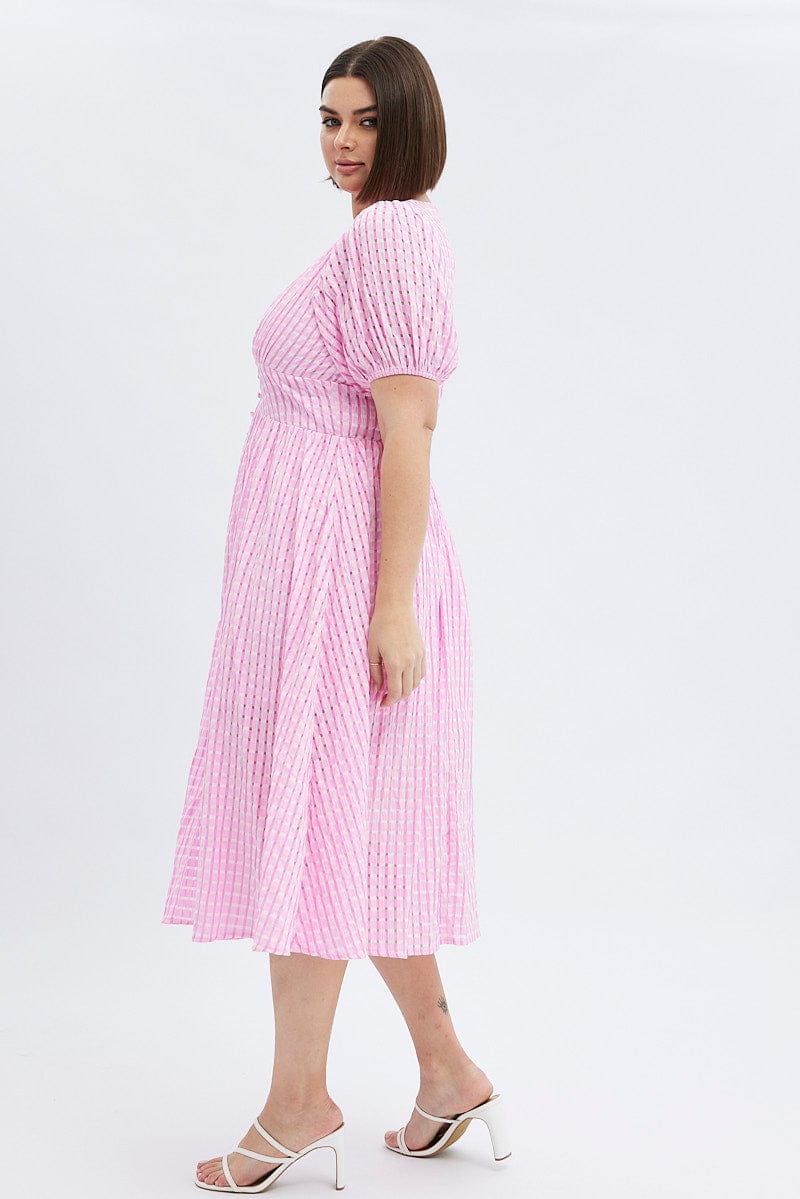 Pink Midi Dress Short Puff Sleeve Self Check for YouandAll Fashion