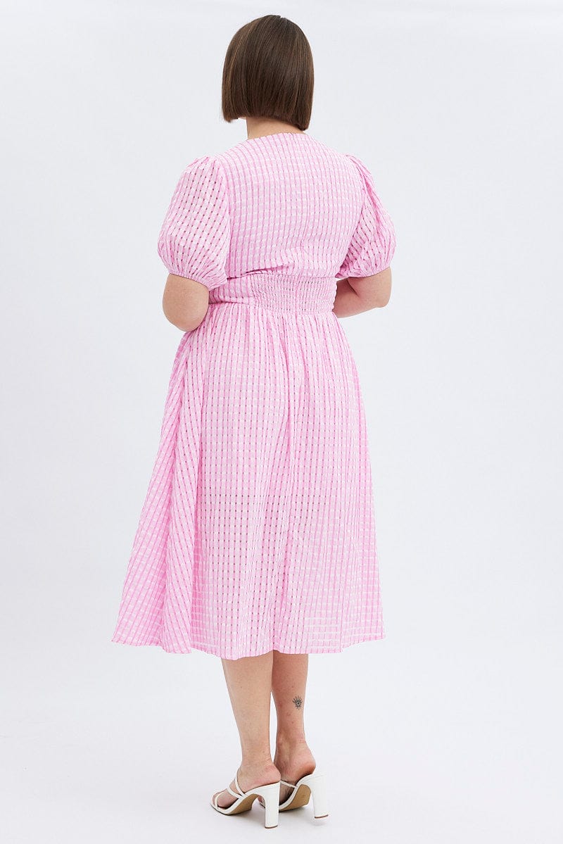 Pink Midi Dress Short Puff Sleeve Self Check for YouandAll Fashion