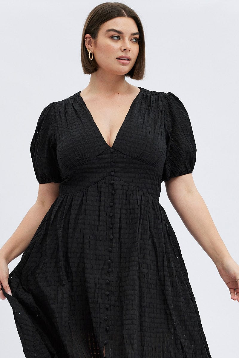 Black Midi Dress Short Puff Sleeve Self Check for YouandAll Fashion