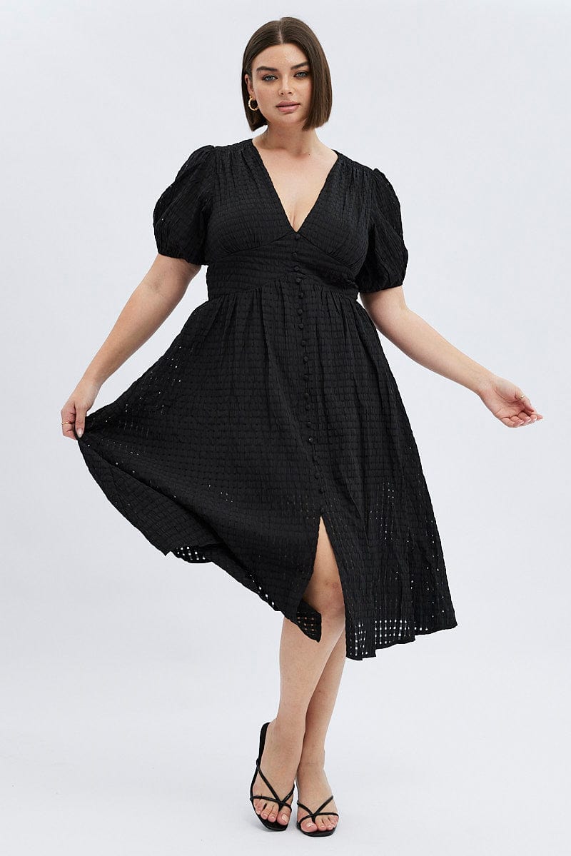 Black Midi Dress Short Puff Sleeve Self Check for YouandAll Fashion