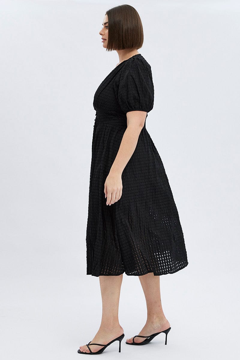 Black Midi Dress Short Puff Sleeve Self Check for YouandAll Fashion