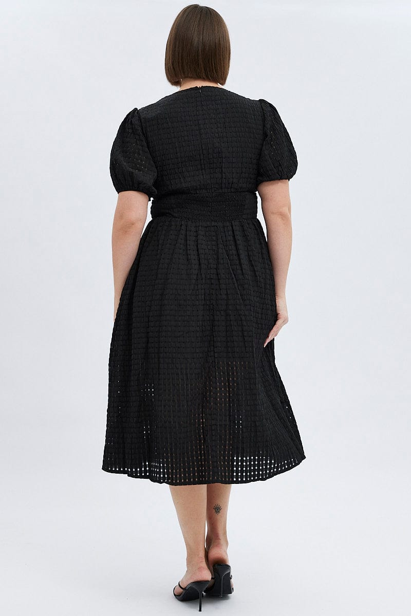 Black Midi Dress Short Puff Sleeve
