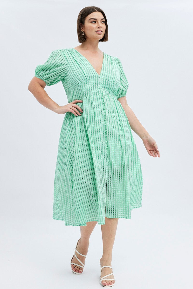 Green Midi Dress Short Puff Sleeve Self Check for YouandAll Fashion