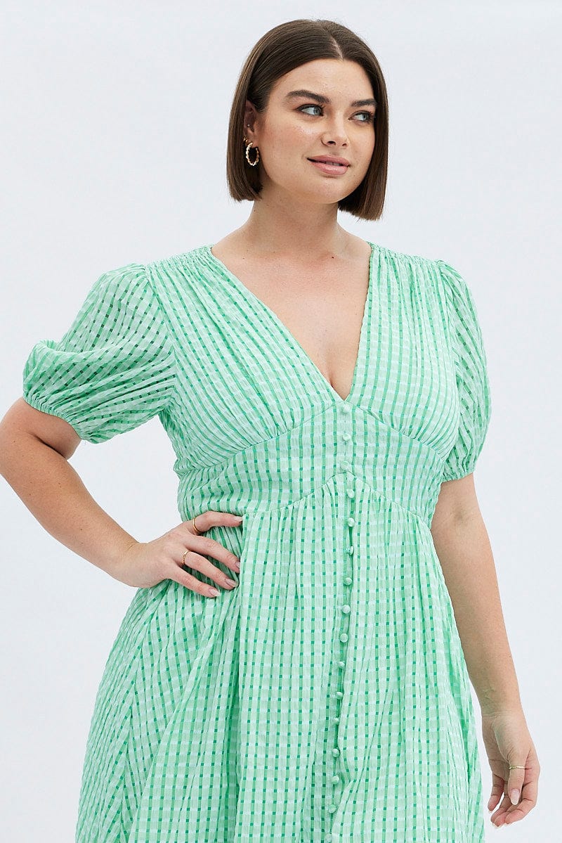 Green Midi Dress Short Puff Sleeve Self Check for YouandAll Fashion