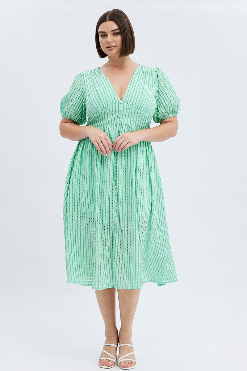 Green Midi Dress Short Puff Sleeve Self Check for YouandAll Fashion