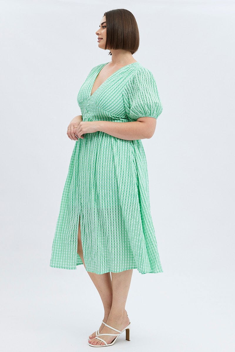 Green Midi Dress Short Puff Sleeve Self Check for YouandAll Fashion