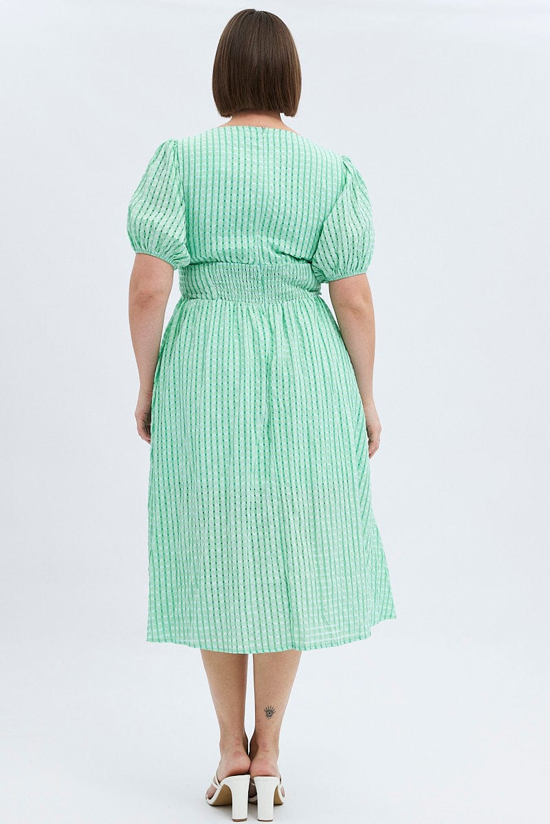 Green Midi Dress Short Puff Sleeve Self Check for YouandAll Fashion