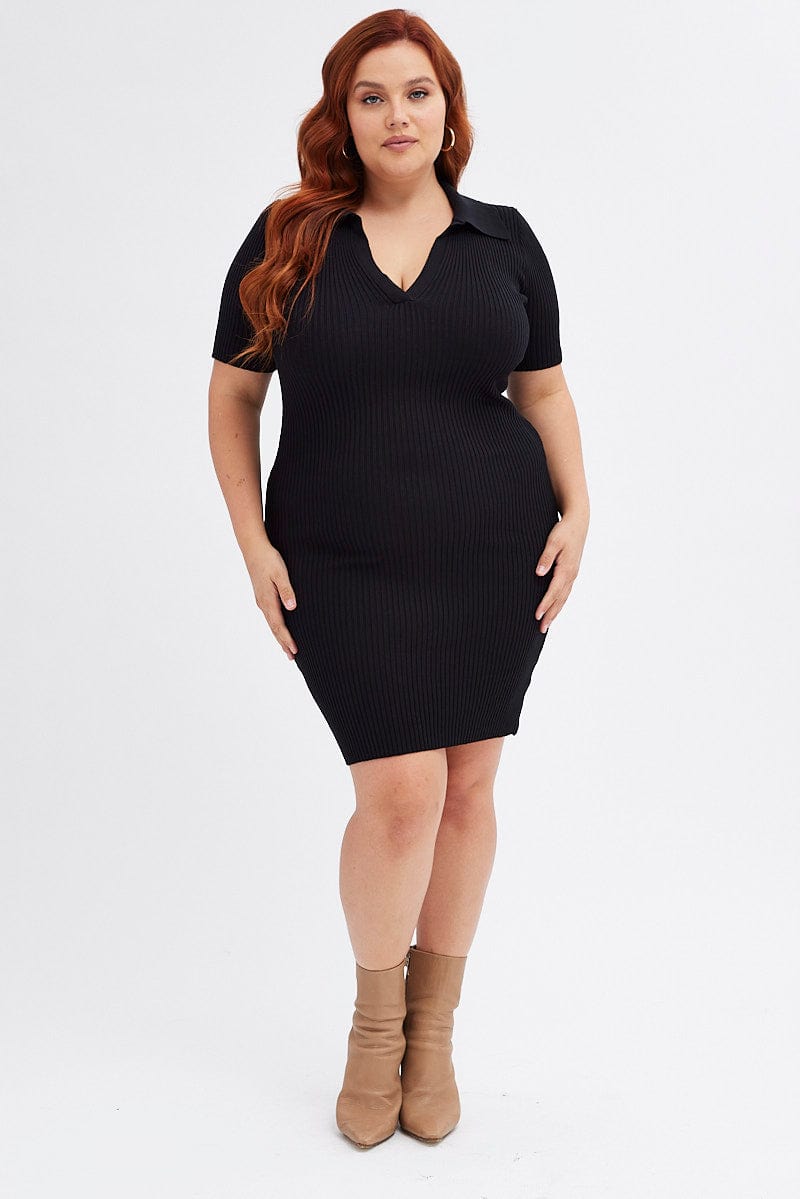 Black Knit Dress Short Sleeve Collared for YouandAll Fashion