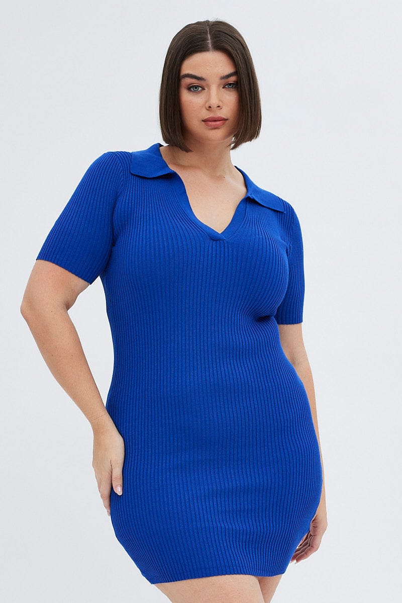 Blue Knit Dress Short Sleeve Collared for YouandAll Fashion