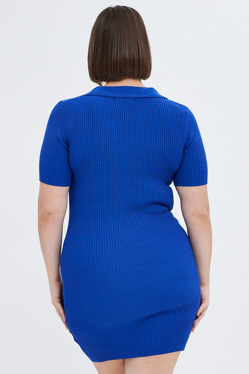 Blue Knit Dress Short Sleeve Collared for YouandAll Fashion