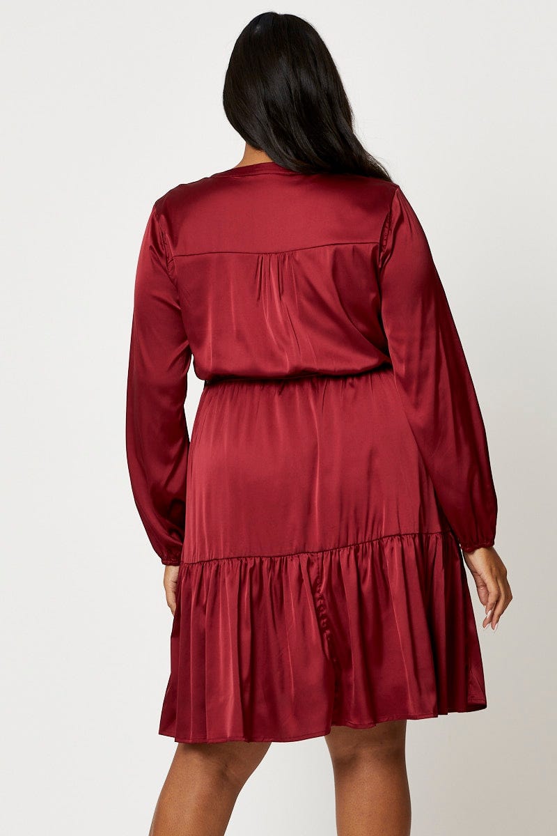 Red Satin Skater Dress V-Neck Long Sleeve For Women By You And All