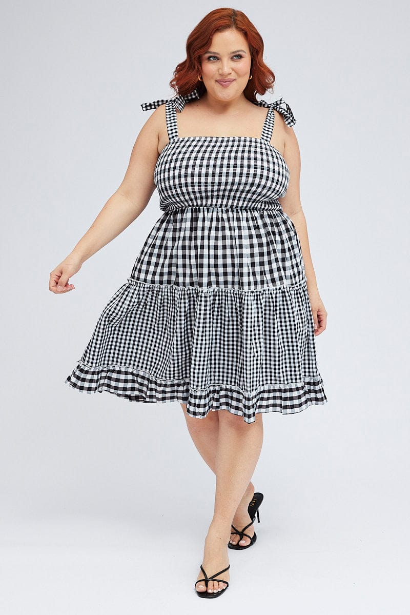 Black Check Fit And Flare Dress Sleeveless Shirred for YouandAll Fashion