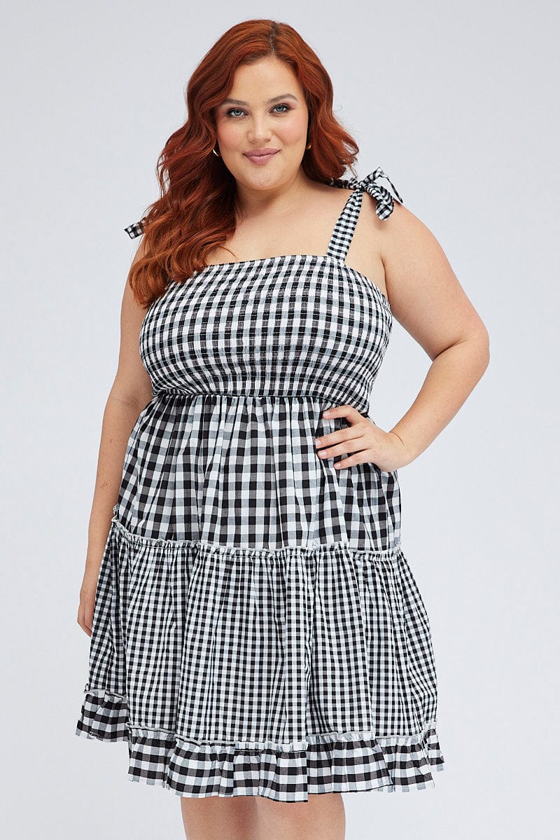 Black Check Fit And Flare Dress Sleeveless Shirred for YouandAll Fashion