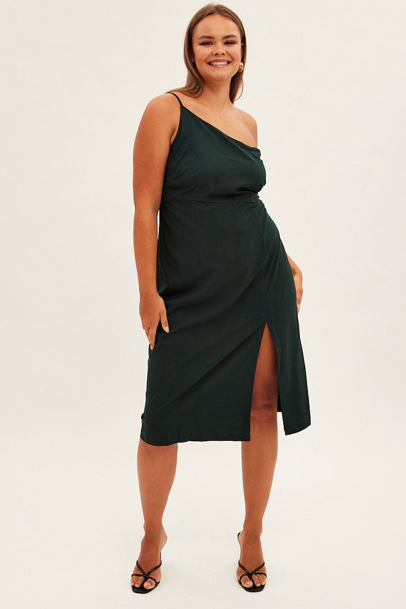 Green Midi Dress Asymmetrical Shoulder for YouandAll Fashion