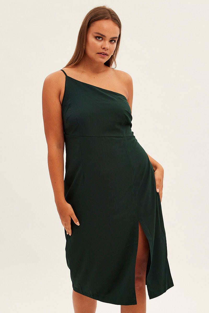 Green Midi Dress Asymmetrical Shoulder for YouandAll Fashion