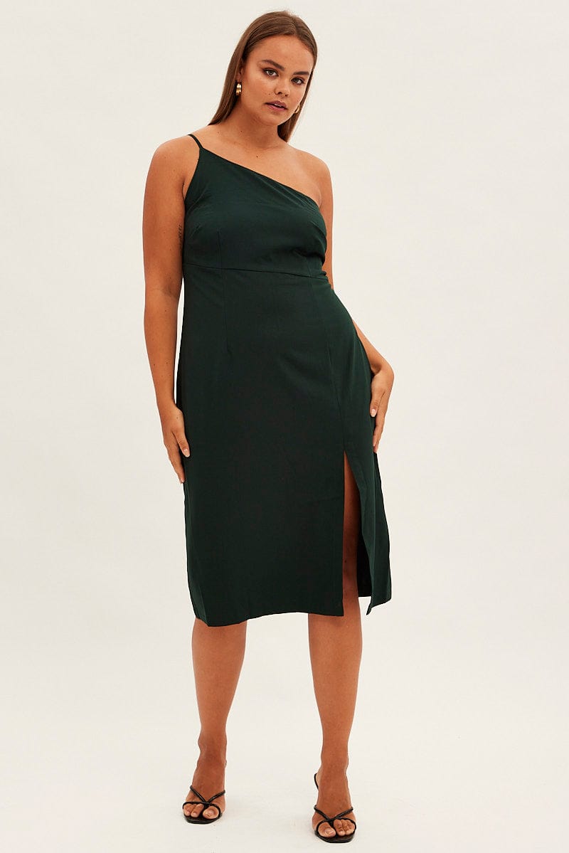 Green Midi Dress Asymmetrical Shoulder for YouandAll Fashion