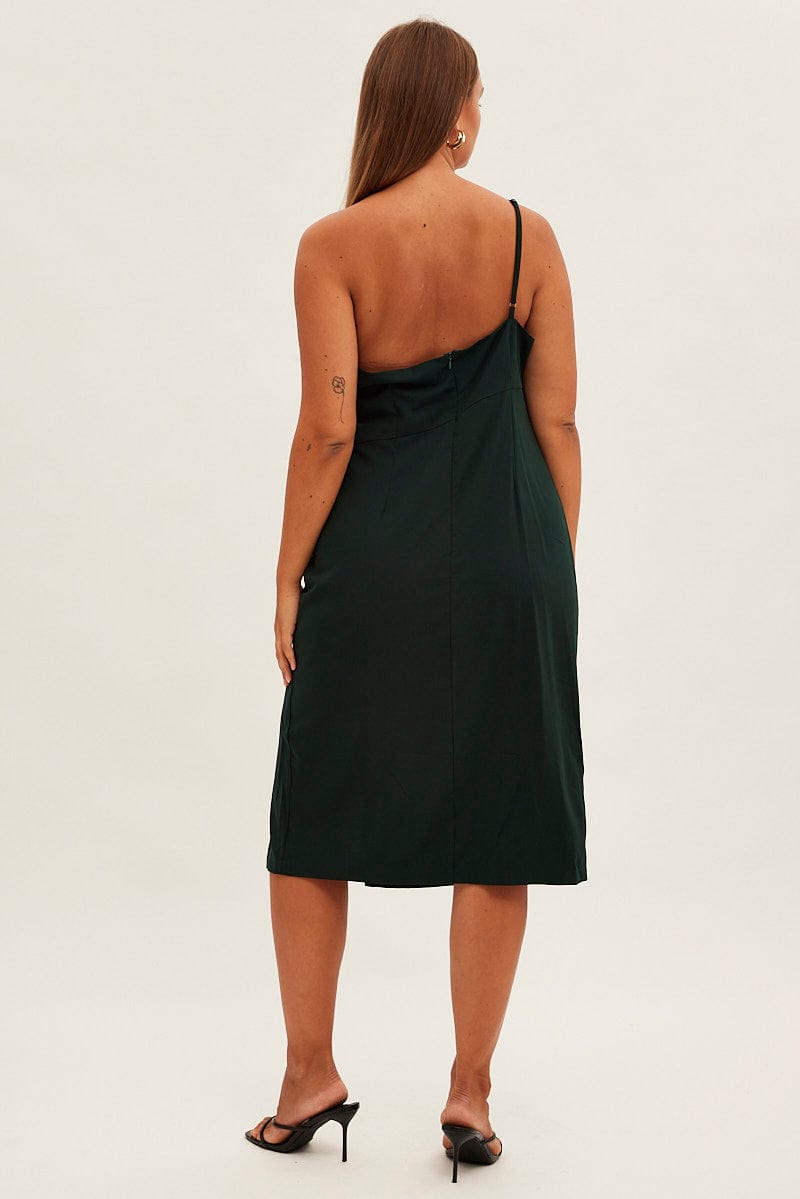 Green Midi Dress Asymmetrical Shoulder for YouandAll Fashion