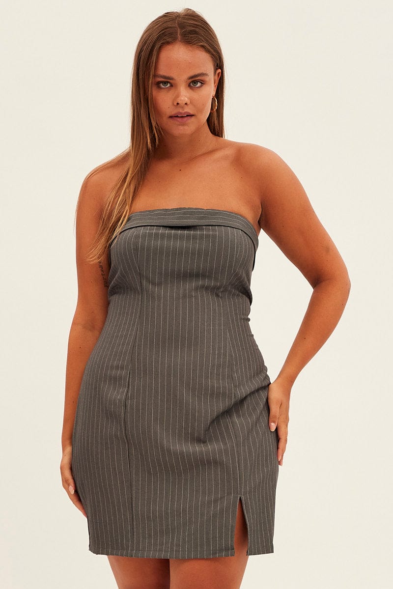 Grey Stripe Bodycon Dress Strapless for YouandAll Fashion