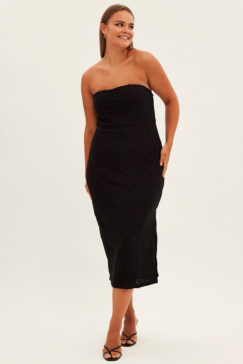 Black Bodycon Dress Strapless Midi Textured for YouandAll Fashion