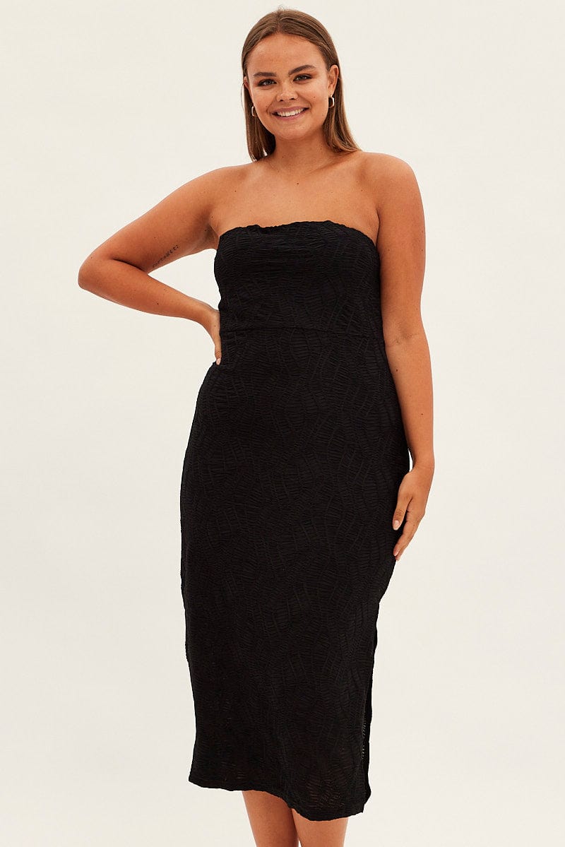 Black Bodycon Dress Strapless Midi Textured for YouandAll Fashion