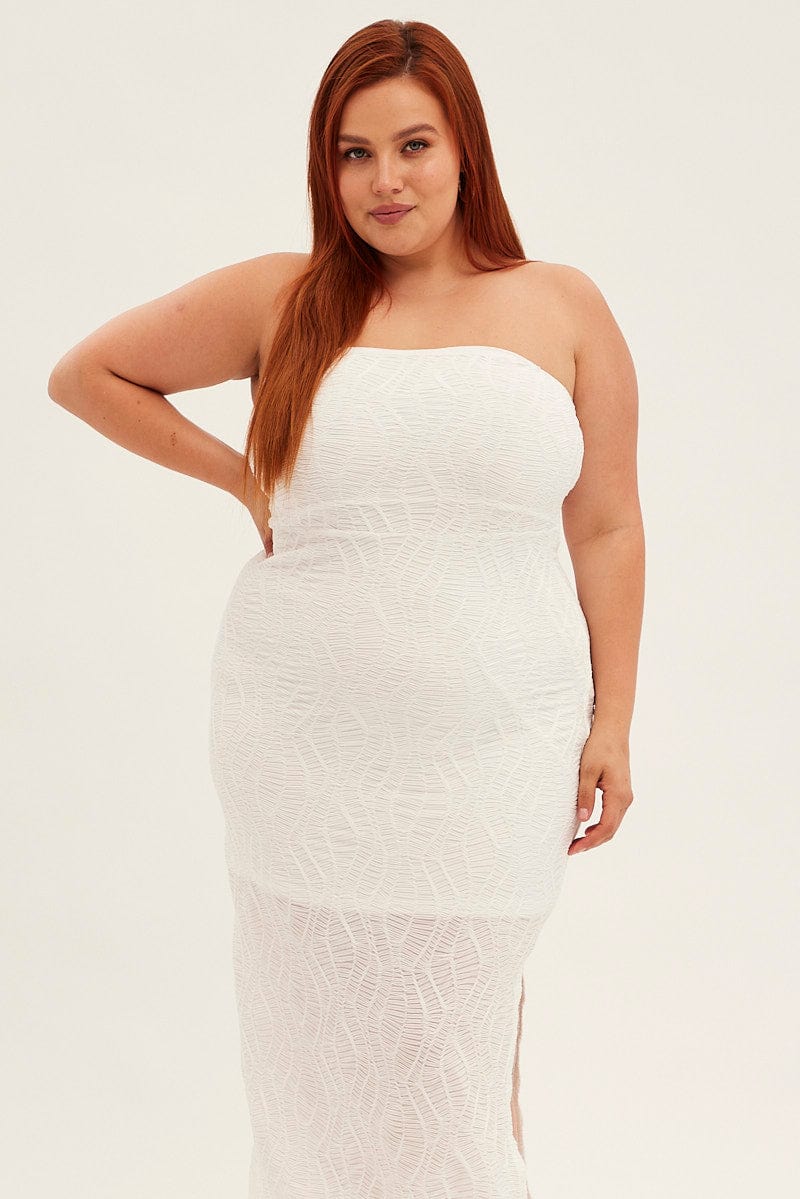 White Bodycon Dress Strapless Midi Textured